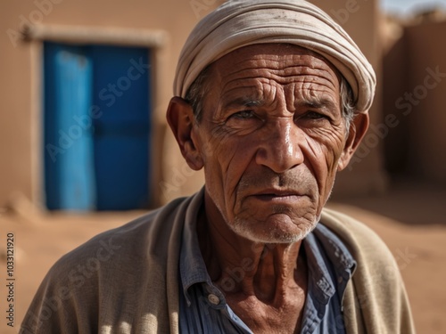 Portrait of a senior man in refugee camp. AI Generative photo