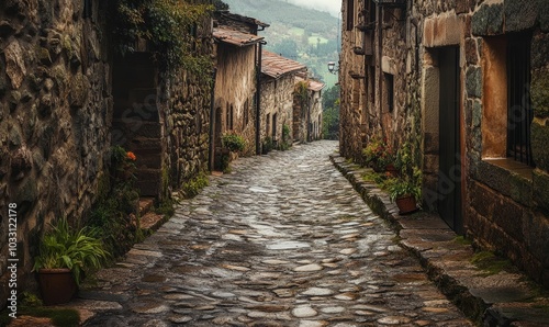 Cobblestone alleyway through stone buildings.