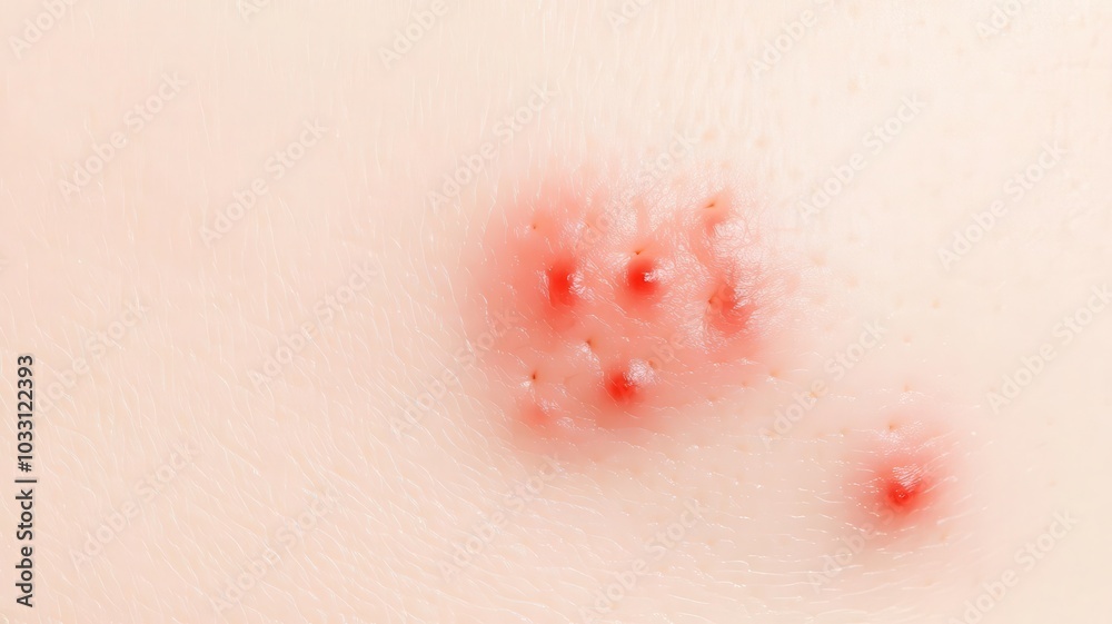Closeup of red, raised urticaria patches on light skin, inflamed and irritated Closeup of red, raised urticaria patches on light skin, inflamed and irritated