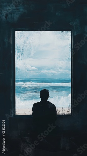 Wallpaper Mural Silhouette of person looking out to ocean from a dark room, contemplative concept Torontodigital.ca