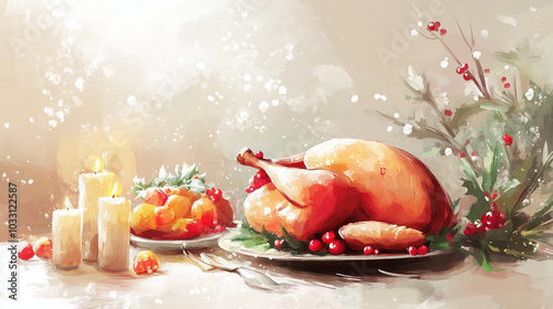 Roasted turkey with festive garnishes and candles on elegant dinner table