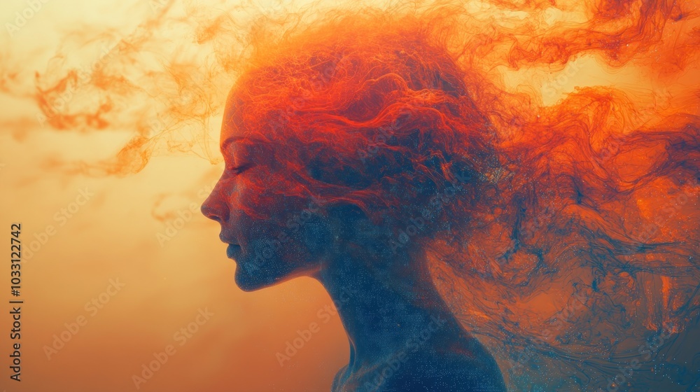 A surreal profile of a woman with flowing, fiery hair against a soft, ethereal background. A surreal profile of a woman with flowing, fiery hair against a soft, ethereal background.