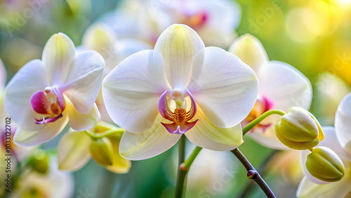 orchid features delicate petals with a soft, creamy white color and subtle pink or yellow accents, showcasing elegance and purity.