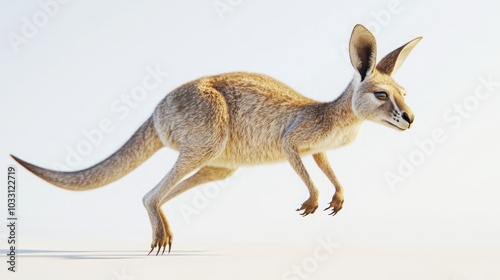 A kangaroo in mid-leap, with its powerful legs extended and its tail stretched out behind it. The kangaroo is isolated on a white background, highlighting its features and movement.