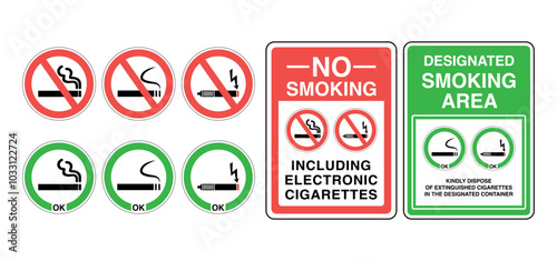 No Smoking and Vaping Signs. Cigarette and E-Cig Prohibition Symbols. Vector Illustrations for Smoking and Non-Smoking Areas.