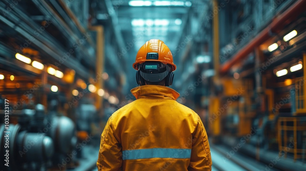A worker in safety gear stands in an industrial facility, emphasizing safety and operations. A worker in safety gear stands in an industrial facility, emphasizing safety and operations.