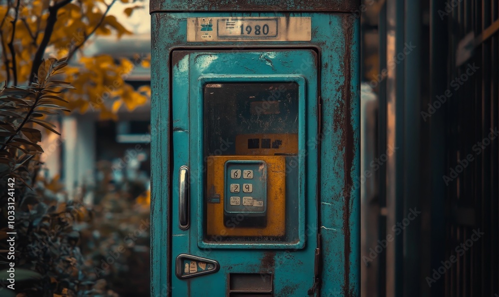 Old turquoise rusty metal box with keypad. Old turquoise rusty metal box with keypad.