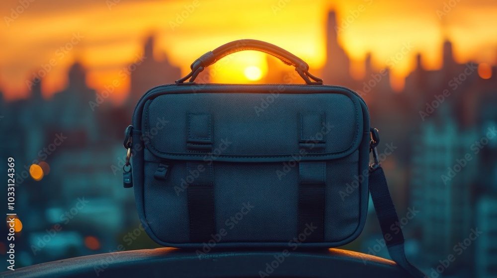 A stylish bag sits against a vibrant sunset skyline, suggesting travel or photography use. A stylish bag sits against a vibrant sunset skyline, suggesting travel or photography use.