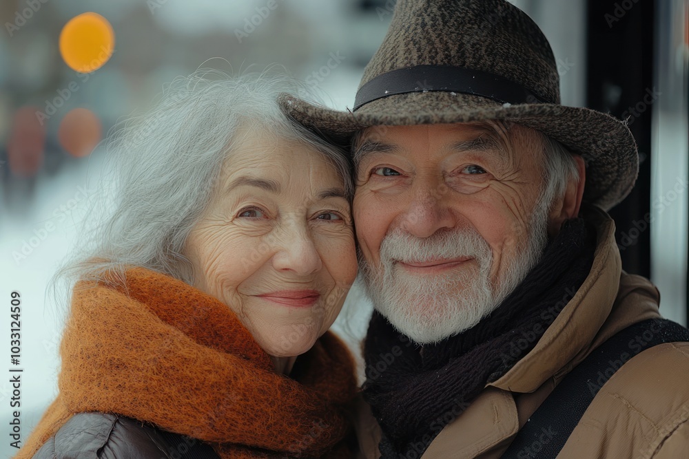 A joyful elderly couple smiling together in a snowy setting, showcasing love and companionship. A joyful elderly couple smiling together in a snowy setting, showcasing love and companionship.