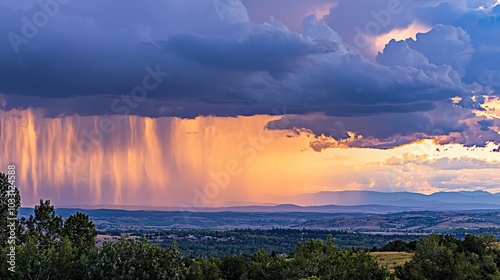 A dramatic sunset with a rain shower in the distance over a vast, green landscape.