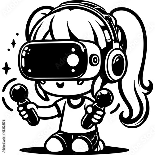 Girl in virtual reality glasses plays a game with manipulators in her hands in monochrome. Simple minimalistic vector in black ink drawing on transparent background
