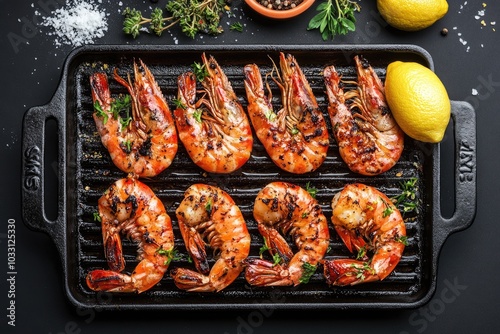 Grilled Shrimp with Lemon and Herbs on a Black Cast Iron Skillet photo