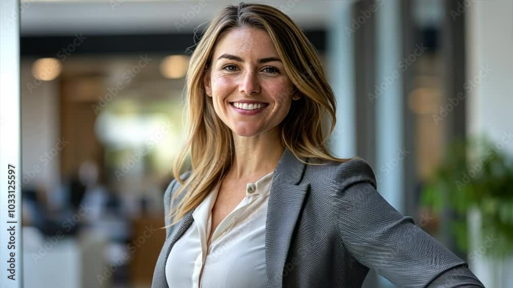 Confident female business leader in a corporate setting, standing with one hand on the hip, smiling while looking at the camera, with a blurred office interior in the background