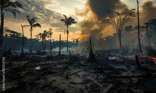 Smoke and fire engulf charred rainforest. photo