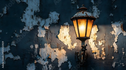 A highly detailed shot of peeling paint on a rusted streetlamp, with the harsh light casting long shadows across the flaking surface in the dark.