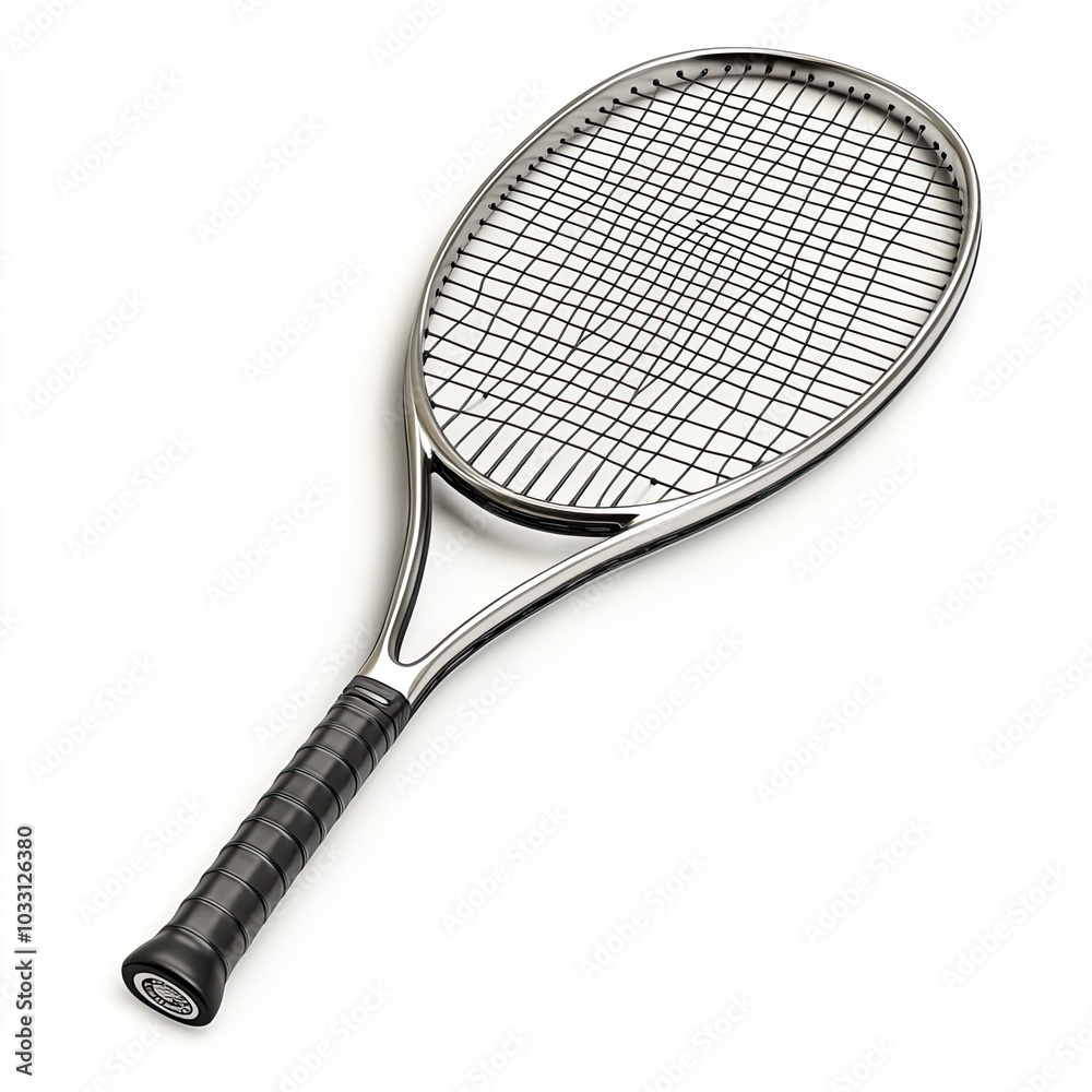 A Shiny Silver Tennis Racket with Black Grip A Shiny Silver Tennis Racket with Black Grip