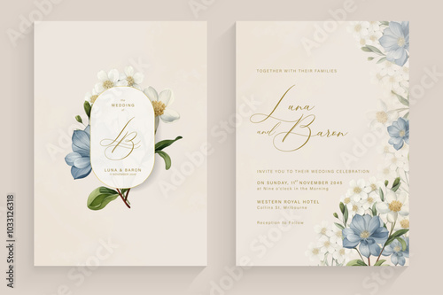 Aesthetic Wedding Invitation with Floral Bouquet Watercolor Arrangement