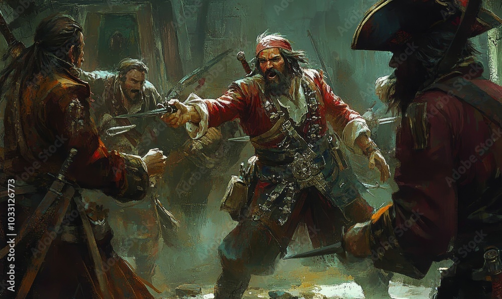 Fototapeta premium Three pirates fighting with swords.