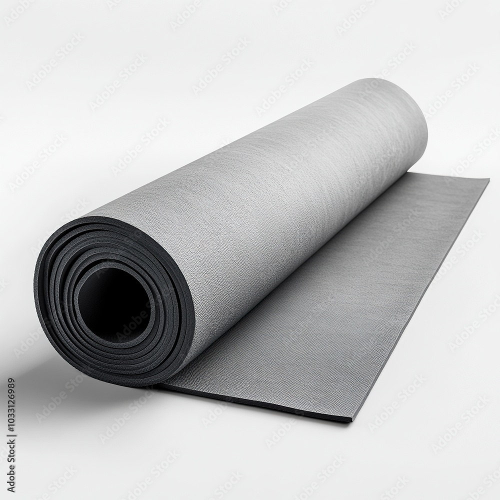 Rolled-up Gray Exercise Mat Partially Unrolled on a White Background Rolled-up Gray Exercise Mat Partially Unrolled on a White Background