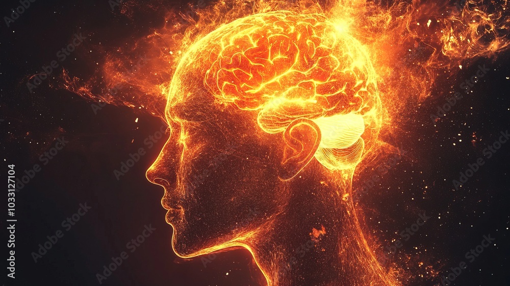 Close-up of a human head with glowing brain Close-up of a human head with glowing brain