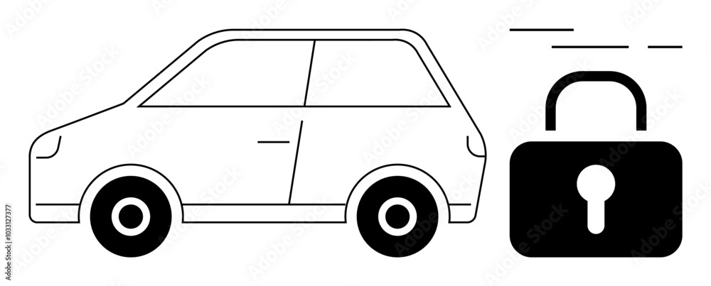 Naklejka premium A simplistic line drawing of a car next to a padlock. Ideal for vehicle security, auto insurance, safety features, car rental, and car anti-theft systems. Black and white style