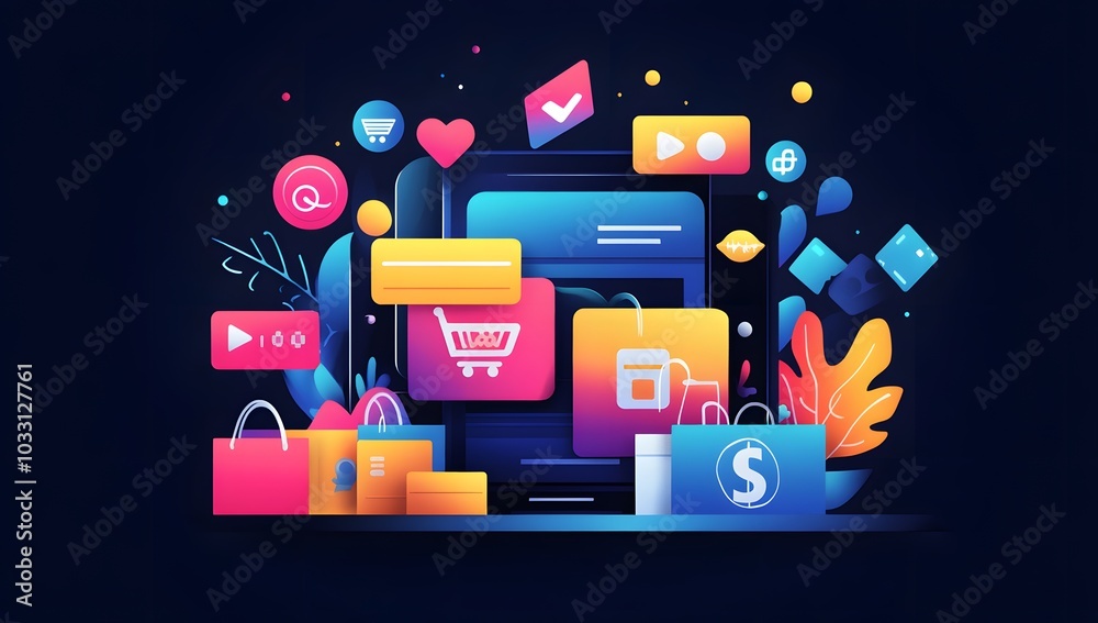 A dynamic digital illustration of an online shopping experience, with credit card symbols and glowing web pages floating around it. A dynamic digital illustration of an online shopping experience, with credit card symbols and glowing web pages floating around it.