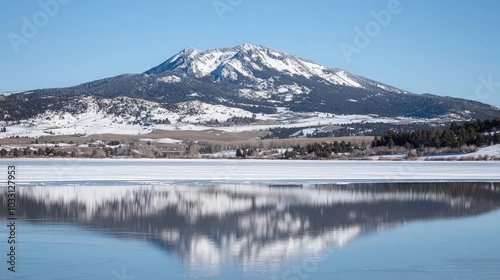 A snow-capped mountain reflected in a frozen lake on a clear blue day.