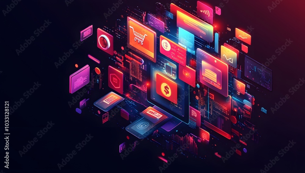 A dynamic digital illustration of an online shopping experience, with credit card symbols and glowing web pages floating around it. A dynamic digital illustration of an online shopping experience, with credit card symbols and glowing web pages floating around it.