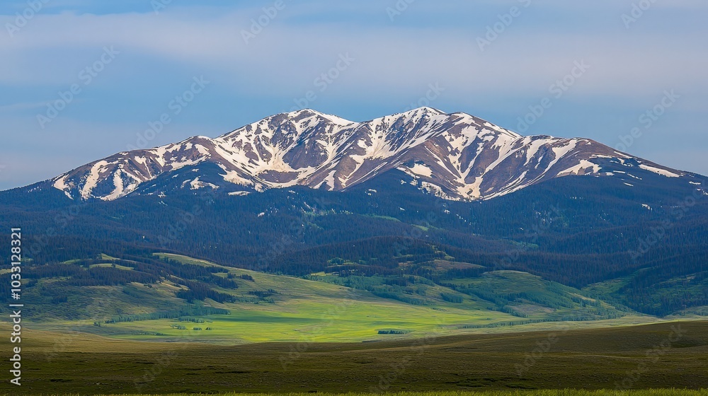 Snow-capped mountain peak rising above green valley and blue sky. Snow-capped mountain peak rising above green valley and blue sky.