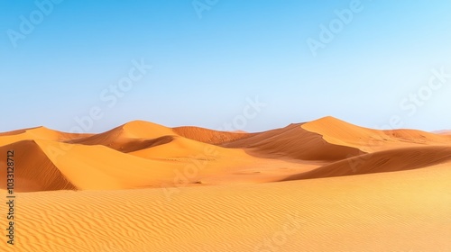 A vast expanse of sand dunes stretches out under a clear blue sky, creating a dramatic landscape.