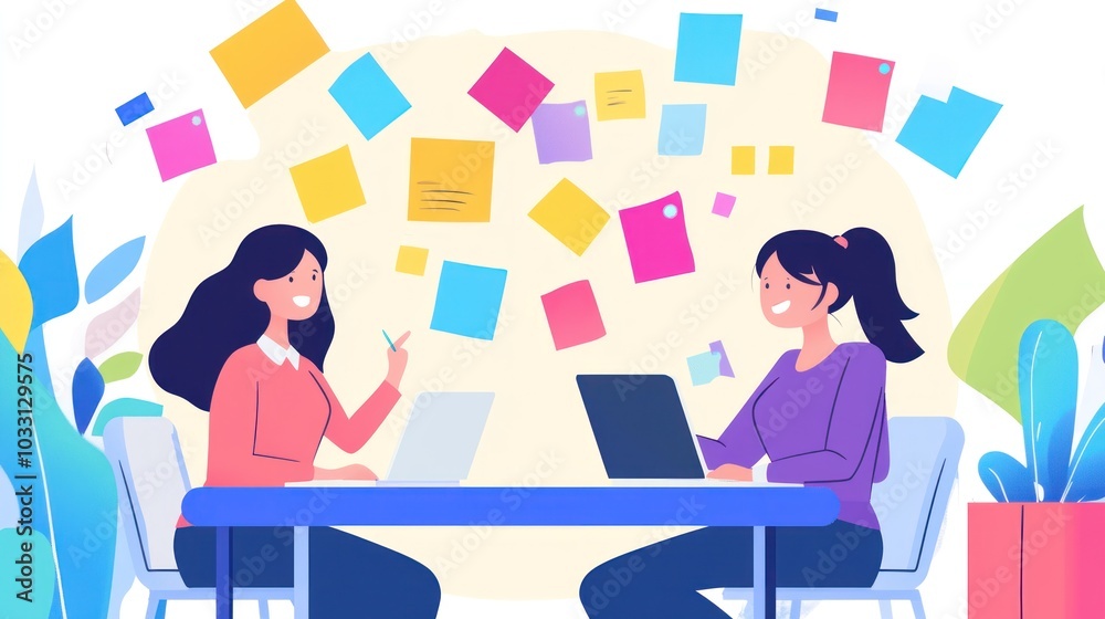 Two Women Working Together On Project With Sticky Notes Two Women Working Together On Project With Sticky Notes