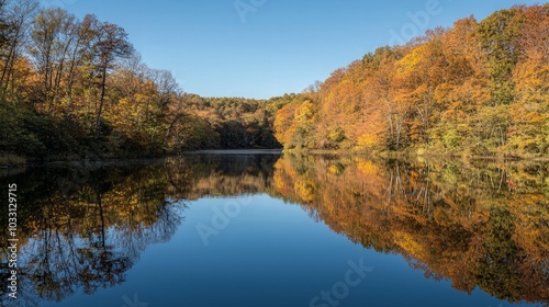 A tranquil lake reflects the vibrant colors of autumn foliage.
