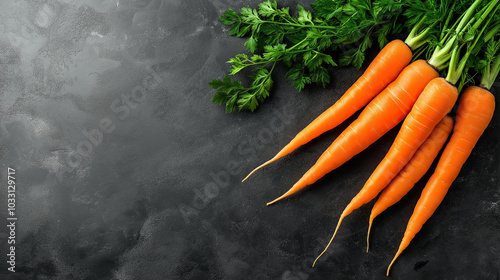 a bundle of vibrant, fresh carrots with their green tops, placed on the right-hand side of the frame,space for text photo