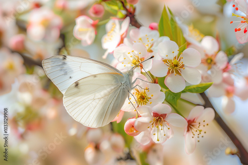  Close-up of a white butterfly on blossoming fruit tree flowers in spring