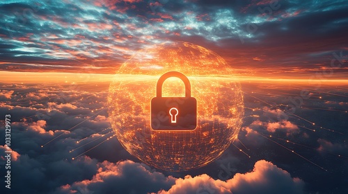 A 3D rendering of a padlock floating above a globe with secure data lines connecting different countries.