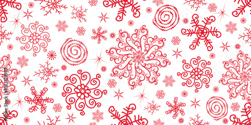 Vector seamless Christmas hand drown monochrome pattern with red snowflakes and stars on a transparent background