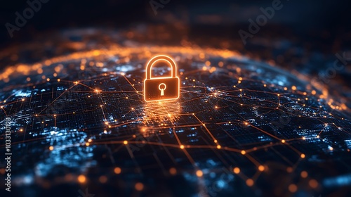 A 3D rendering of a padlock floating above a globe with secure data lines connecting different countries.