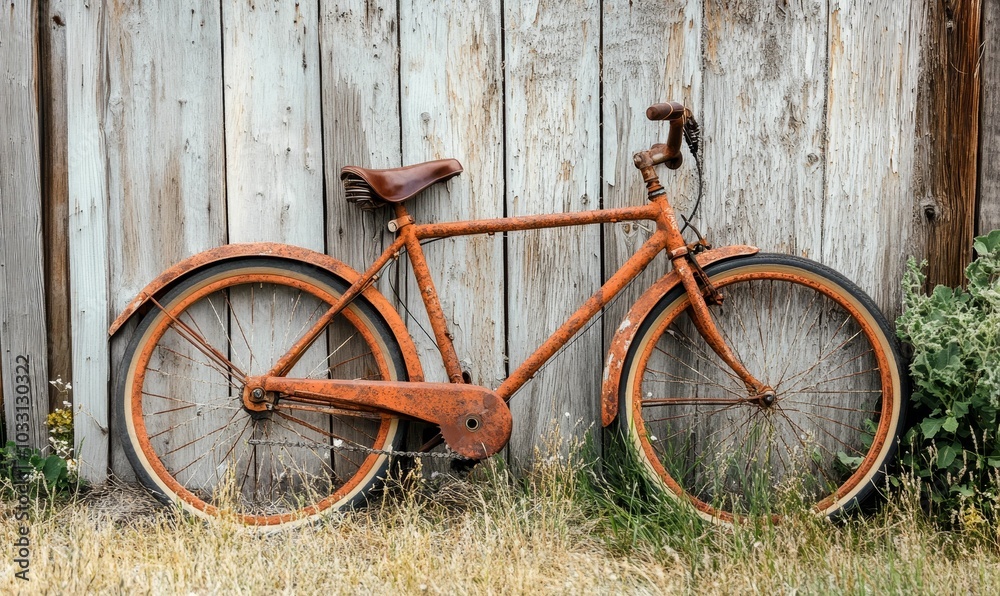 Rusty bicycle leans against weathered wood. Rusty bicycle leans against weathered wood.