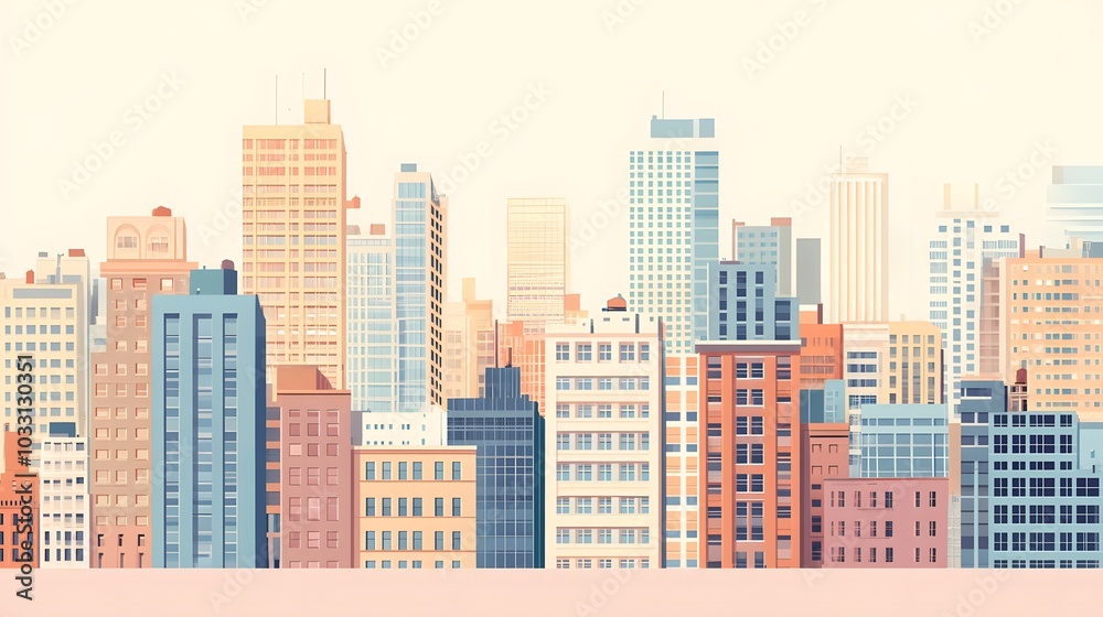 Obraz premium A minimalist urban illustration featuring simplified buildings and soft colors, capturing the essence of city life in a calming and artistic manner.