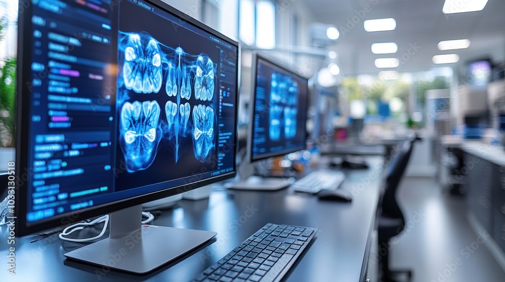 Medical imaging setup displaying dental X-rays on computer screens in a clinical environment. Medical imaging setup displaying dental X-rays on computer screens in a clinical environment.
