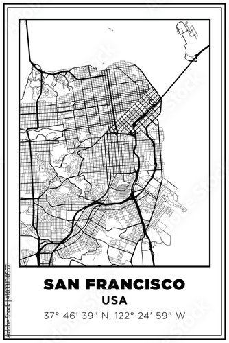 Black and white printable Street map art San Francisco, California, USA. Travel poster with coordinates, poster design, Modern Poster Wall Art Home Decor Ready to Printable