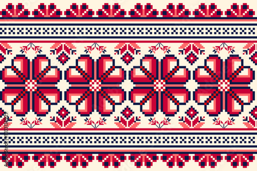 Floral geometric ethnic oriental seamless pattern traditional. Red Flower in cream background.Aztec style abstract vector illustration.design for background,texture,fabric,clothing,wrapping,carpet