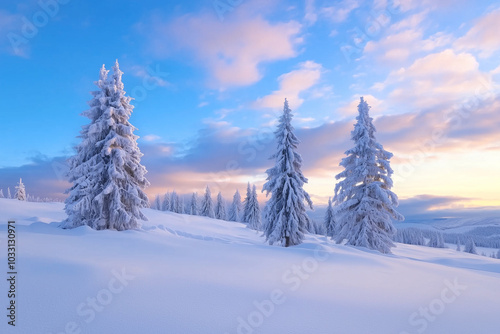 A serene winter scene featuring snow-covered evergreen trees standing tall against a colorful sky at sunrise in a snowy landscape