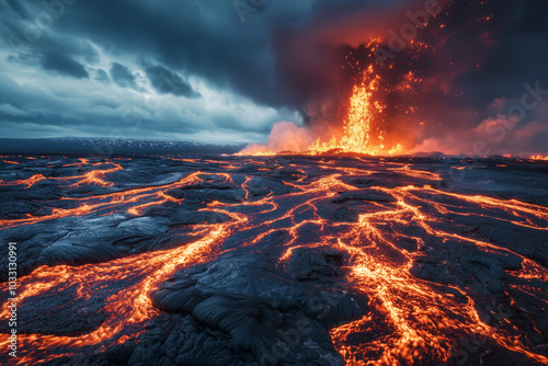 A powerful volcanic eruption shoots fire and lava into the sky, with molten lava flows spreading across a dark landscape photo