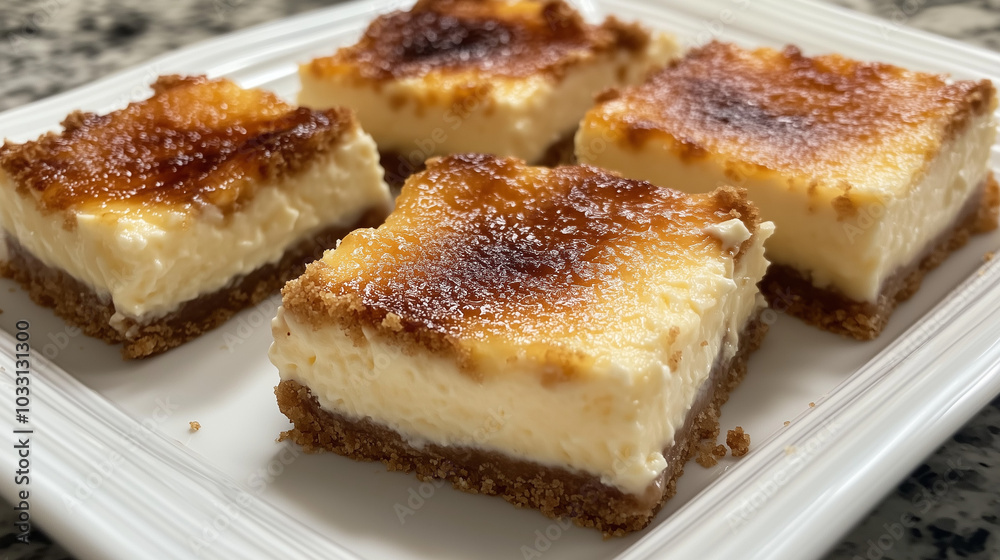 Four pieces of creamy cheesecake with a caramelized top, served on a white plate. The cheesecake has a crunchy biscuit base and looks delicious with a golden-brown caramelized crust on top Four pieces of creamy cheesecake with a caramelized top, served on a white plate. The cheesecake has a crunchy biscuit base and looks delicious with a golden-brown caramelized crust on top
