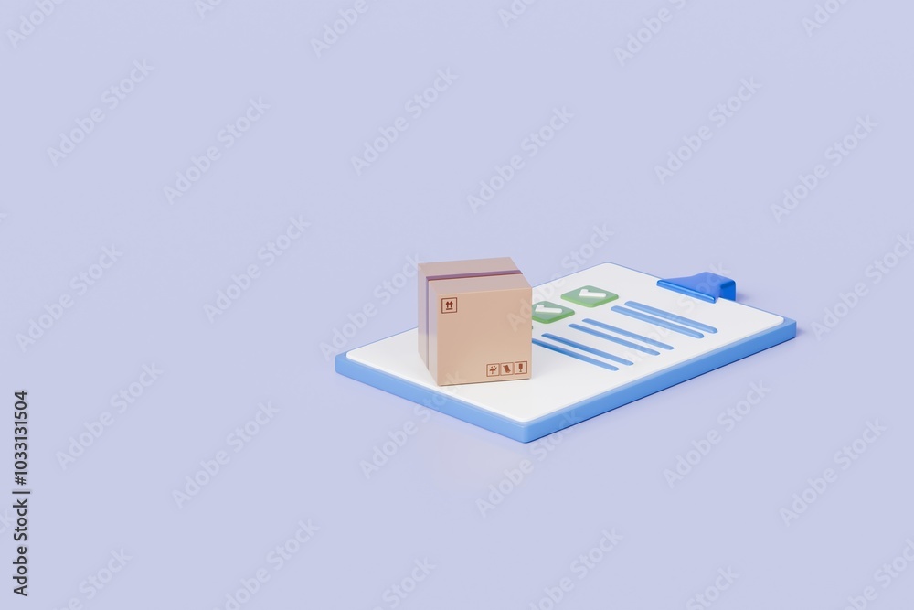 3d Parcel box with clipboard checklist with receipt icon. Minimal Cardboard box with task clipboard checklist for delivery customer. Fast delivery and Online Shopping ,E-commerce concept. 3d render. 3d Parcel box with clipboard checklist with receipt icon. Minimal Cardboard box with task clipboard checklist for delivery customer. Fast delivery and Online Shopping ,E-commerce concept. 3d render.