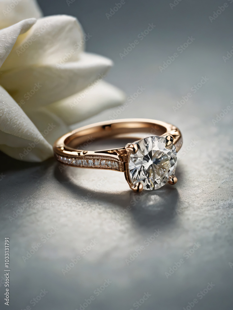 An elegant diamond engagement ring with a prominent solitaire, set on a slender gold band. An elegant diamond engagement ring with a prominent solitaire, set on a slender gold band.