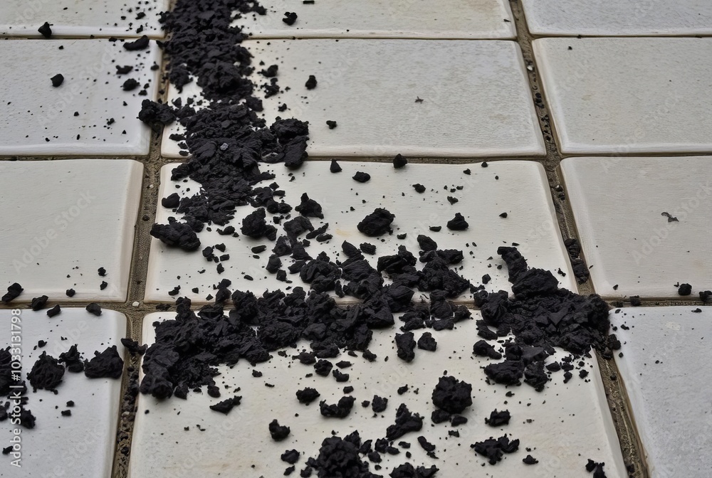 Clumps of dark moist earth are scattered across the stone tiles Clumps of dark moist earth are scattered across the stone tiles