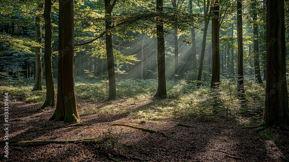 Fototapeta premium Sunbeams pierce through the canopy of trees in a dense forest, illuminating the green undergrowth and creating a magical atmosphere.
