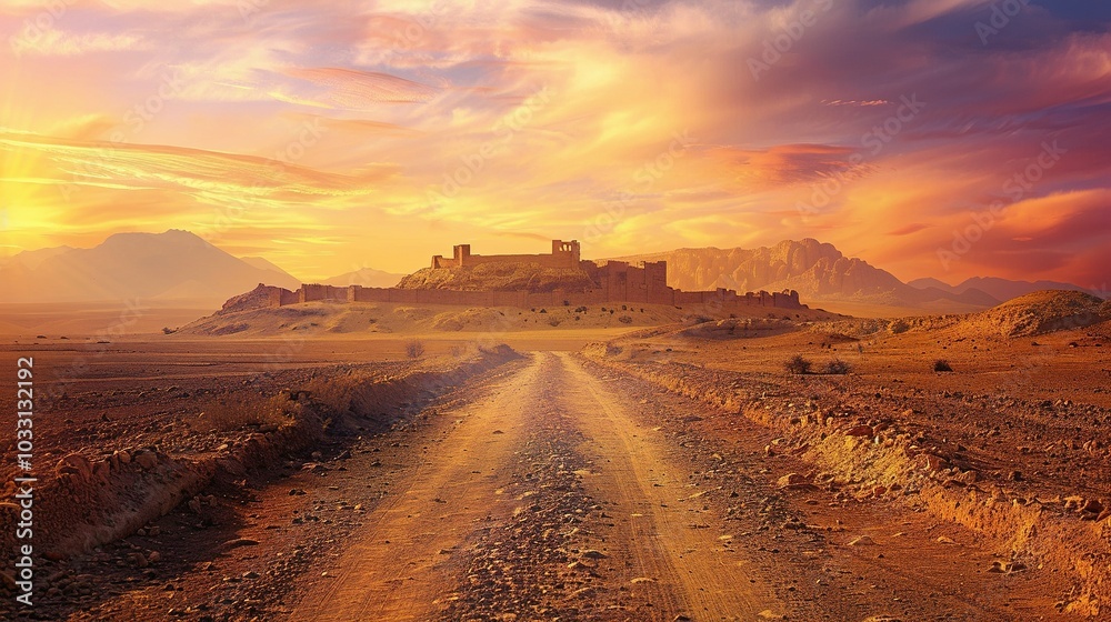 Fototapeta premium Sunset Over Time: A Dusty Desert Road Towards Ancient Castle Ruins in a Biblical Landscape